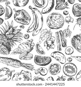 Seamless wood pattern with hand-drawn fruits and vegetables: bananas, lemon, celery and many others. Vector graphics, perfect for decorating wallpaper or fabric.