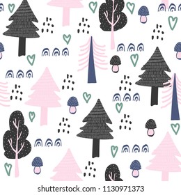 Seamless wood pattern. Trees and mushrooms on a white background. For printing on fabric, paper. Scrawl.