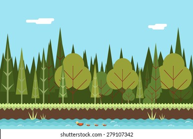 Seamless Wood and River Nature Concept Flat Design Landscape Background Template Vector Illustration