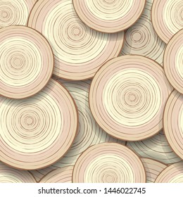 Seamless wood texture cross section of tree rings. Cut slices of wooden stumps.