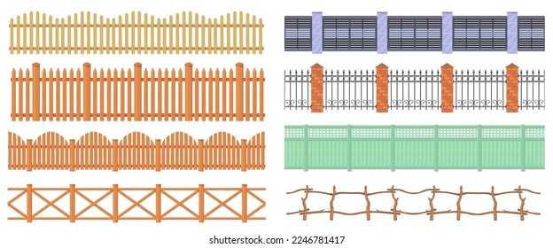 Seamless wooden fences. Cartoon wood fence pattern, long outdoor house fencing or farm livestock barrier, pole wall border garden enclosure with riling, neat vector illustration of wooden fence