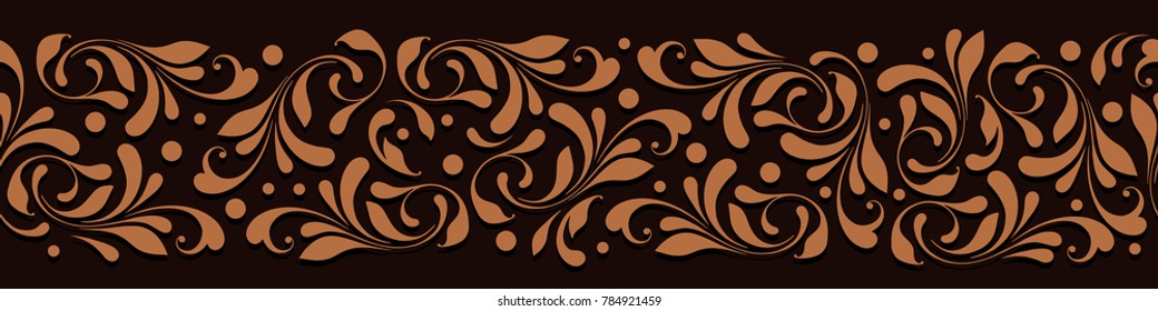 Seamless wooden ornament. Decorative border. Floral swirls and flowers pattern. Design element for frames, tape, ribbon.