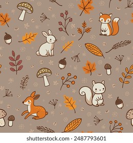 Seamless Woodland Animal Pattern with Autumn Elements
