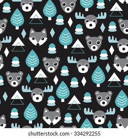 Seamless woodland animals grizzly bear fox and moose reindeer illustration christmas winter theme background pattern in vector