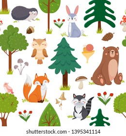 Seamless woodland animals pattern. Summer forest cute wildlife animal and forests floral cartoon vector background