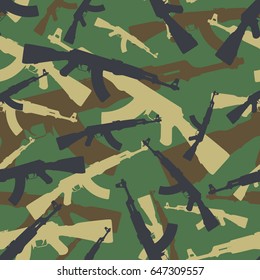 Seamless Woodland Assault Rifle AK 47 Military Camouflage Pattern Vector