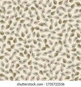 
Seamless woodland falling spruce leaf vector pattern. Hand drawn rustic texture. Nordic forest fall foliage background. Interior wallpaper home decor swatch. Nature autumn textile allover print
