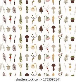 Seamless woodland fern mushroom vector pattern. Hand drawn rustic earthy colour texture. Nordic forest fungi ruit background. Interior wallpaper home decor. Nature autumn fall textile all over print