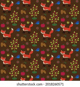 seamless woodland fox pattern with birds apples acorns and pinecones