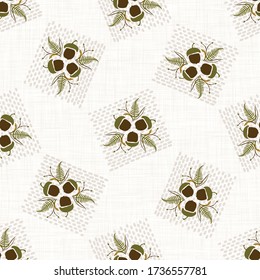 Seamless woodland fruits of the forest vector foliage pattern. Hand drawn rustic forage flatlay texture. Nordic acorn, pine needle, fern frond bouquet. Nature autumn fall textile all over print