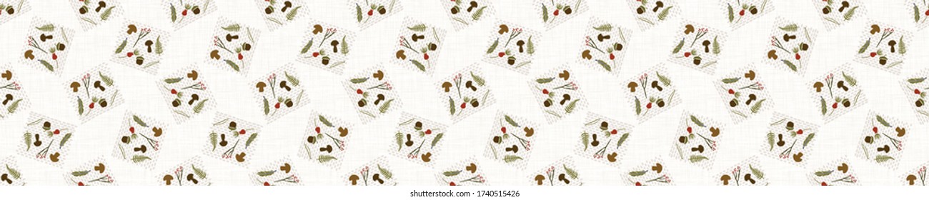 Seamless woodland fruits of the forest vector border pattern. Hand drawn rustic forage banner texture. Nordic fungi, mushroom, berry, fern, pine, spruce, rosehip. Nature autumn fall ribbon trim