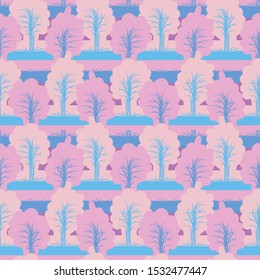 A seamless woodland landscape vector pattern with pink trees and blue grass. Childish surface print design. Great for textiles, posters, stationery and home decor.