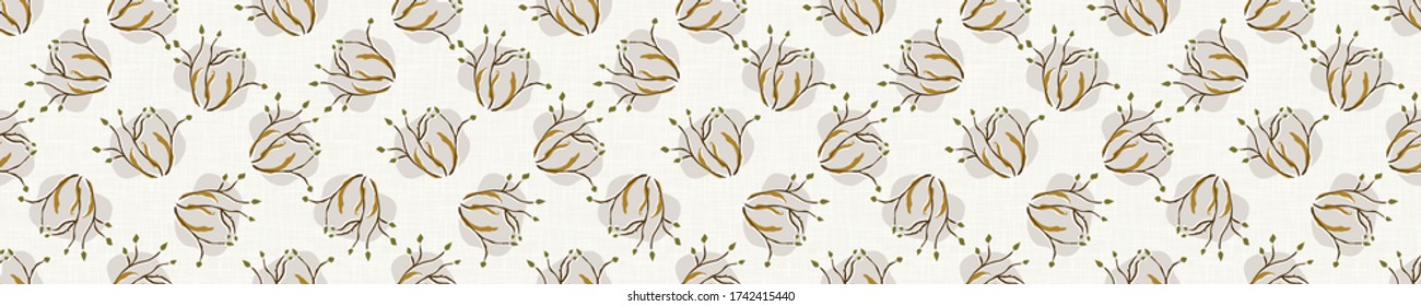 
Seamless woodland linden tree leaf vector border pattern. Hand drawn rustic linen banner texture. Nordic forest greenery background . Nature autumn fall ribbon trim