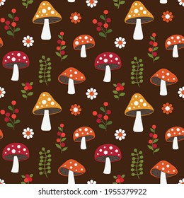 seamless woodland mushroom pattern with flowers and berries