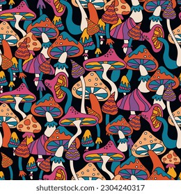 Seamless woodland mushroom pattern. Magic mushroom, fly agaric. Retro 70s 60s psychedelic groovy mushroom. Vintage boho illustrations. Hippie background for wallpaper, fabric.