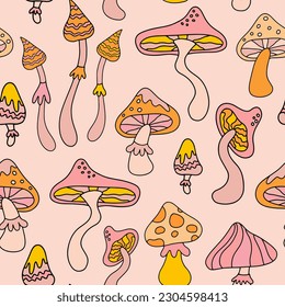 Seamless woodland mushroom pattern. Magic mushroom, fly agaric. Vintage boho illustrations. Retro 70s 60s psychedelic groovy mushroom. Hippie background for wallpaper, fabric.