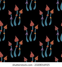 Seamless woodland mushroom pattern. Magic mushroom, fly agaric. Retro 70s 60s psychedelic groovy mushroom. Vintage boho illustrations. Hippie background for wallpaper, fabric.