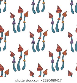 Seamless woodland mushroom pattern. Magic mushroom, fly agaric. Retro 70s 60s psychedelic groovy mushroom. Vintage boho illustrations. Hippie background for wallpaper, fabric.