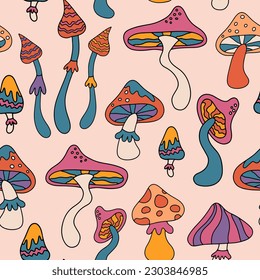 Seamless woodland mushroom pattern. Pattern with retro mushrooms. Magic mushroom, fly agaric. Retro 70s 60s psychedelic groovy mushroom. Vintage boho illustrations. Hippie background.