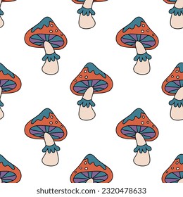 Seamless woodland mushroom pattern. Retro 70s 60s psychedelic groovy mushroom. Magic mushroom, fly agaric. Vintage boho illustrations. Hippie background for wallpaper, fabric.