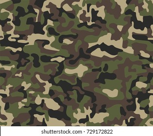 Seamless woodland pattern. Abstract military or hunting camouflage background. Brown, black, green color. Vector illustration.