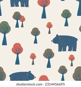 Seamless woodland pattern  with  bears and trees. Hand drawn vector illustration. For kids', baby' fabric, wrapping, textile, wallpaper, apparel. Vector illustration