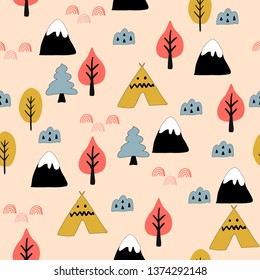 Seamless woodland pattern. Creative design for wrapping, textile, wallpaper. Flat vector illustration.