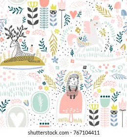 Seamless woodland pattern. Creative height detailed background. Perfect for kids apparel,fabric, textile, nursery decoration,wrapping paper.Vector Illustration