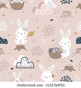 Seamless Woodland Pattern with Cute Bunny design for scrapbooking, decoration, cards, paper goods, background, wallpaper, wrapping, fabric and all your creative projects. Vector Illustration