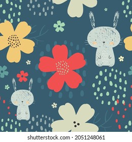 Seamless woodland pattern with cute hand drawn bunny