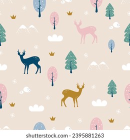 Seamless woodland pattern with cute reindeer and forest elements. For fabric, textile, apparel, nursery decoration, wallpaper, wrapping and print design. Vector illustration
