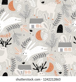Seamless woodland pattern with deer, bunny and forest house. Creative kids for fabric, wrapping, textile, wallpaper, apparel. Vector illustration