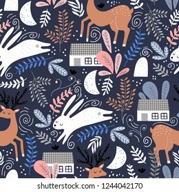 Seamless woodland pattern with deer, bunny and forest house. Creative kids for fabric, wrapping, textile, wallpaper, apparel. Vector illustration