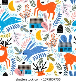 Seamless woodland pattern with deer, bunny and forest house. Creative kids for fabric, wrapping, textile, wallpaper, apparel. Vector illustration