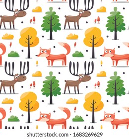 Seamless woodland pattern with fox, deer, trees and plants
