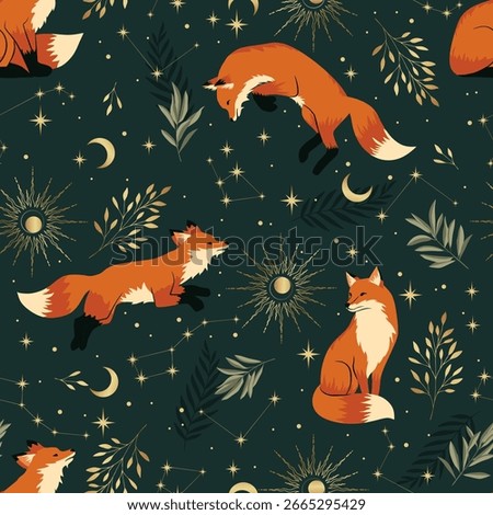 Seamless woodland pattern with fox, moon, stars and floral elements. Forest animal ornate illustration on a dark background. Autumn wallpaper