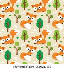 Seamless woodland pattern with foxes, trees, plans and leaves
