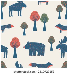 Seamless woodland pattern  with funny animals and trees. Bear, Moose, Fox. Hand drawn vector illustration. For kids', baby' fabric, wrapping, textile, wallpaper, apparel. Vector illustration