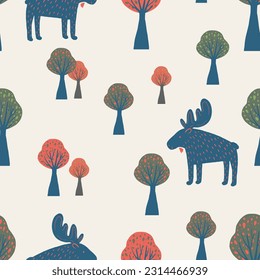 Seamless woodland pattern  with moose and trees. Hand drawn vector illustration. For kids', baby' fabric, wrapping, textile, wallpaper, apparel. Vector illustration