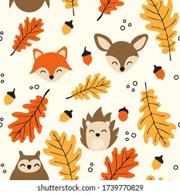 Seamless woodland pattern with oak leaves and cute forest animals - fox, deer, hedgehog, and owl illustrations