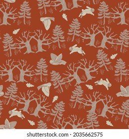 seamless woodland pattern with owls, hares, trees. Hand drawn, vector design for paper, fabric and other surface