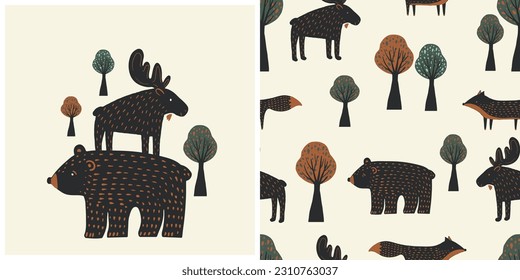 Patrón de bosques sin foco y afiche con animales y árboles divertidos. Oso, Moose, Fox. Ilustración vectorial dibujada a mano. Para los niños, tela de bebé, envoltura, textil, papel pintado, vestimenta. Ilustración del vector