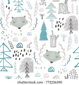 Seamless woodland pattern with wolf heads. Creative height detailed background. Perfect for kids apparel,fabric, textile, nursery decoration,wrapping paper.Vector Illustration