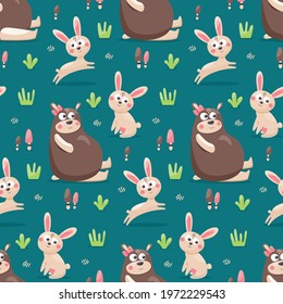 Seamless woodland vector pattern with bear, hare, berry, mushrooms and plants