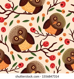 Seamless woodland vector pattern with cute forest owl animal in a flat style. Owl bird cartoon background with red berries.