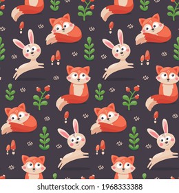 Seamless woodland vector pattern with fox, hare, berry and plants