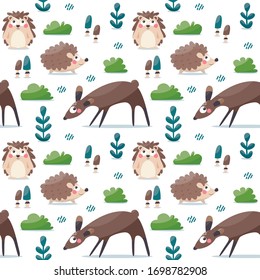 Seamless woodland vector pattern with hedgehog, elk, deer, bushes, plants and mushrooms