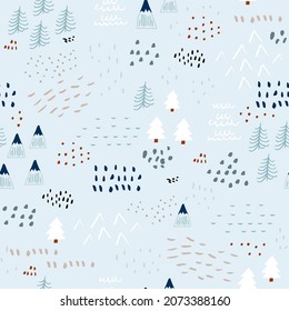 Seamless woodsy pattern with pine trees, trees. Blue forest winter texture. Vector illustration