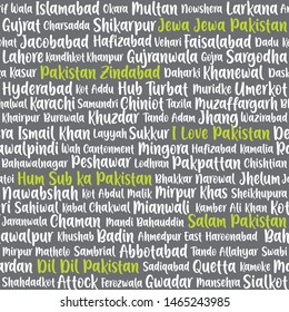 Seamless words background, Prints for texture and fabric, Lettering seamless pattern all Pakistan cities name, seamless text pattern with name of city, vector pattern with word cloud