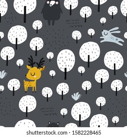 Seamless worest pattern with deer, bear, rabbit. Creative forest texture for fabric, wrapping, textile, wallpaper, apparel. Vector illustration